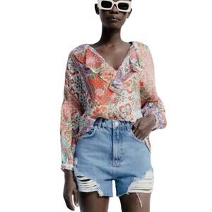 NWOT ZARA Top S Patchwork Jacquard Floral Print Chiffon Ruffle V Balloon-Long-Sl